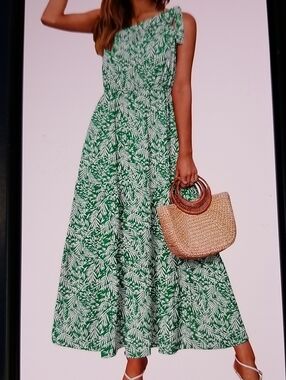 Green Leaf Print One-Shoulder Maxi Ruffle Flowy Dress Size Large NWT